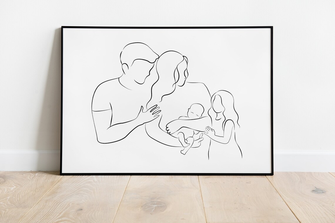 Mom Dad Daughter and Baby Line Art Minimalist Family of Four Poster - Image 2