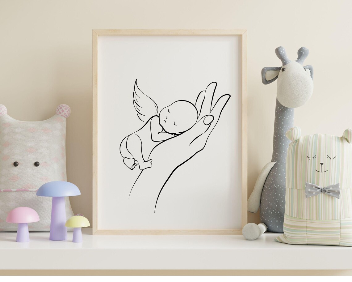 Angel Baby in Mother Hand Line Drawing Minimalist Nursery Print - Image 2