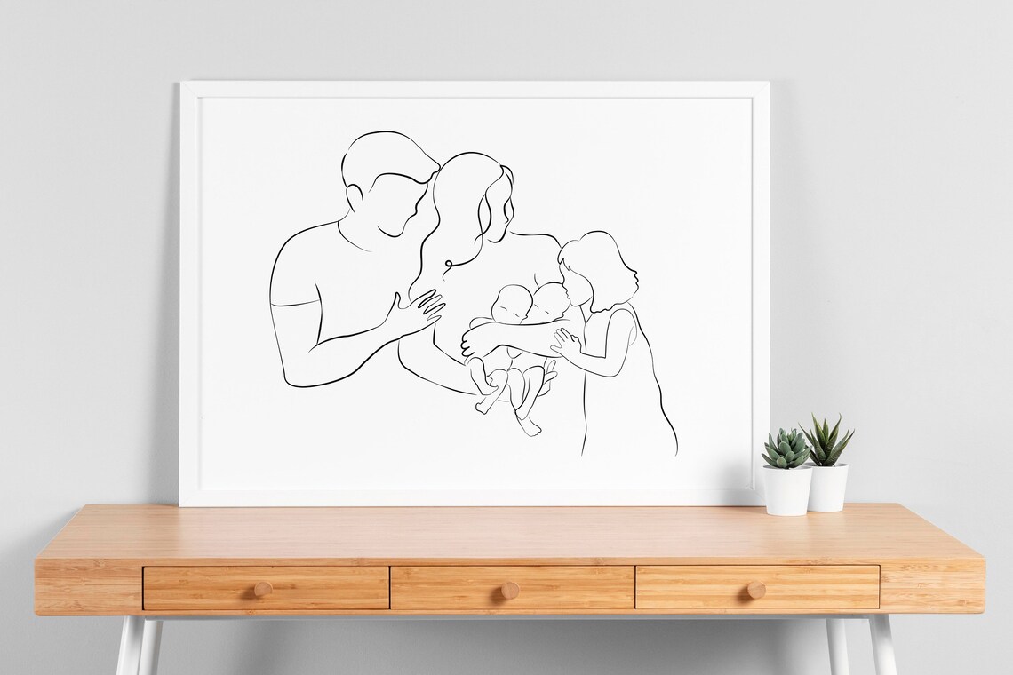 Family With Twins Line Art Mom Dad Sister Newborns Minimalist Poster