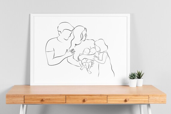 Family With Twins Line Art Mom Dad Sister Newborns Minimalist Poster