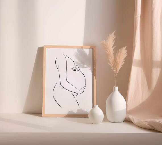 Pregnancy Line Art Minimalist Expectant Woman Belly Drawing Print
