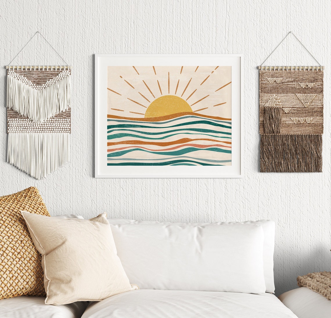 Boho Sun Over Ocean Waves Retro Sunset Surf Horizontal Art Poster - Image 2