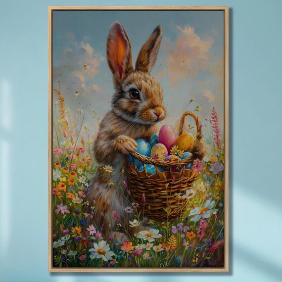 Bunny Holding Easter Egg Basket In Spring Meadow Painting Poster