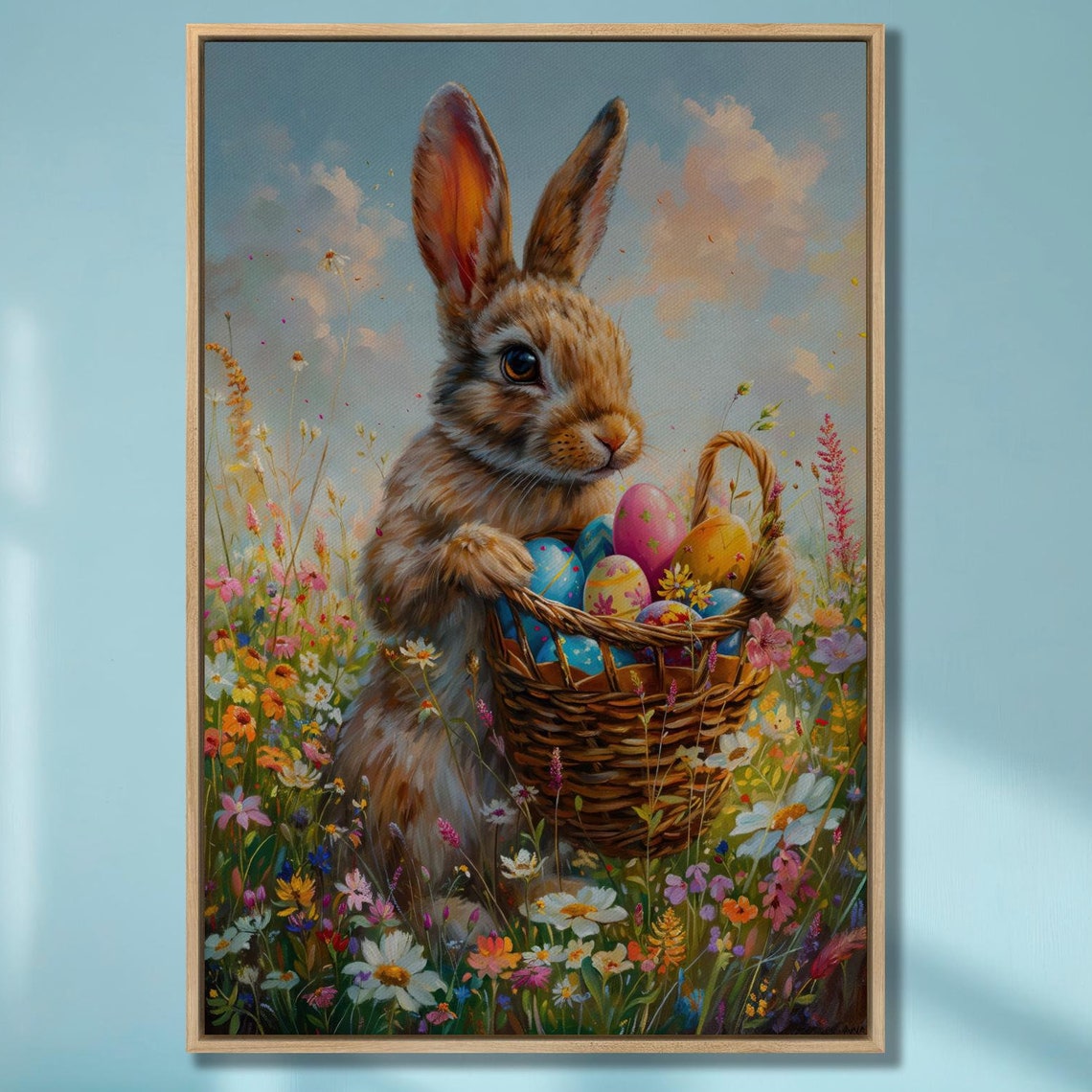 Bunny Holding Easter Egg Basket In Spring Meadow Painting Poster