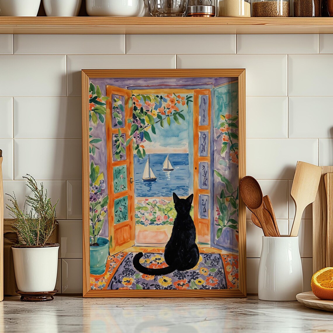 Henri Matisse Style Black Cat Watching Sailboats Open Door Sea Poster - Image 3
