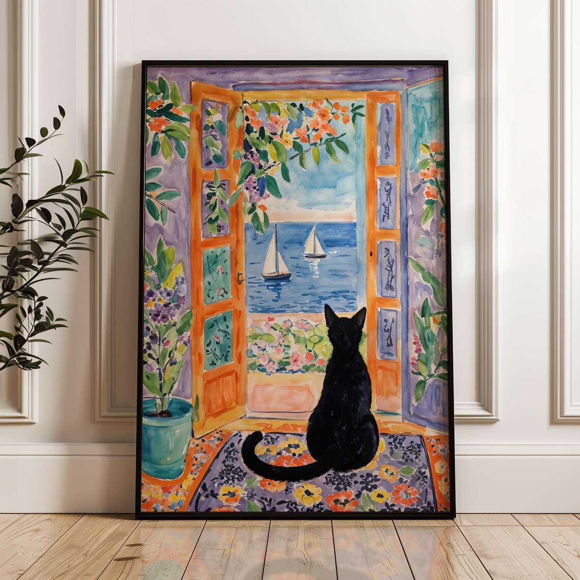 Henri Matisse Style Black Cat Watching Sailboats Open Door Sea Poster