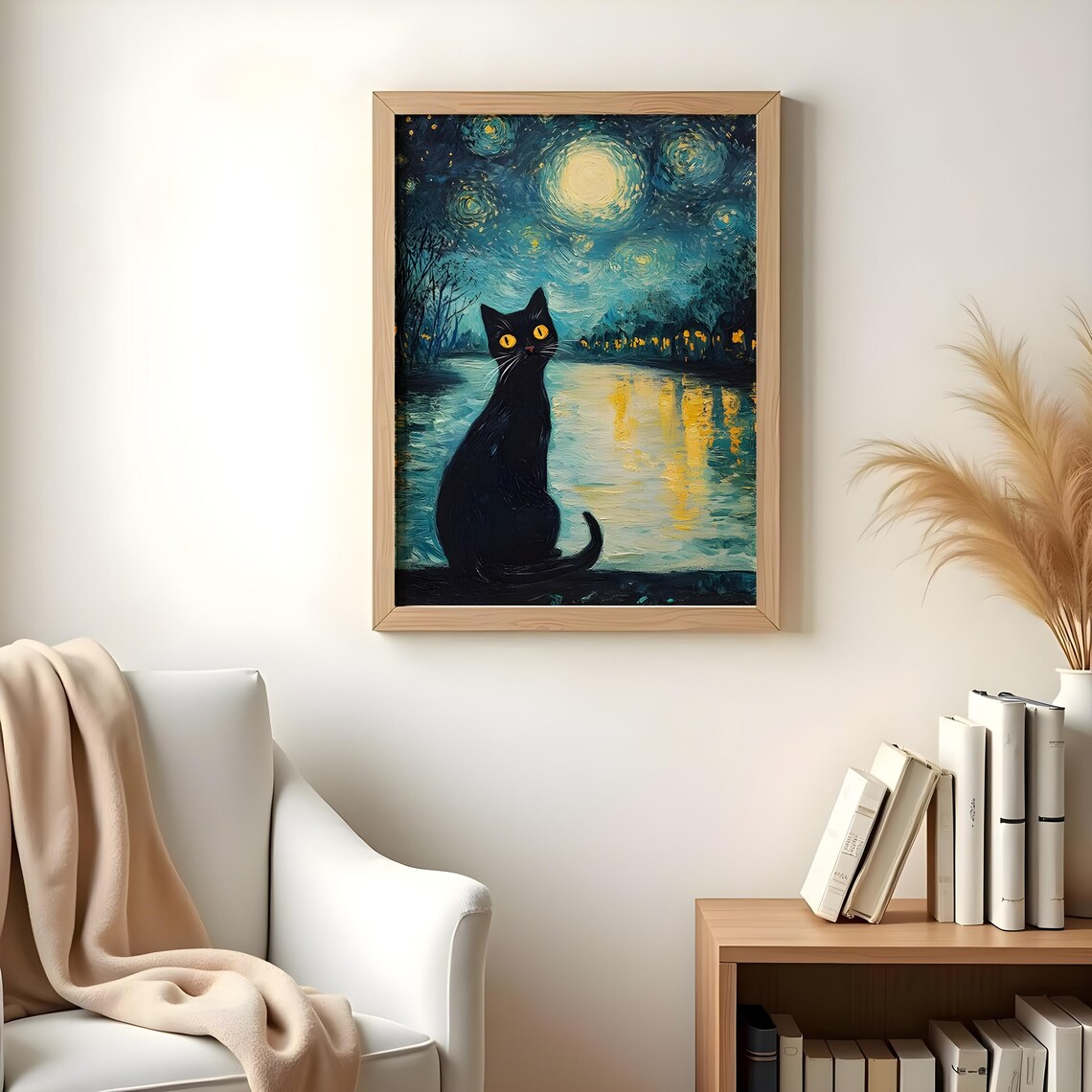 Black Cat With Yellow Eyes Under the Starry Night Sky Poster - Image 4