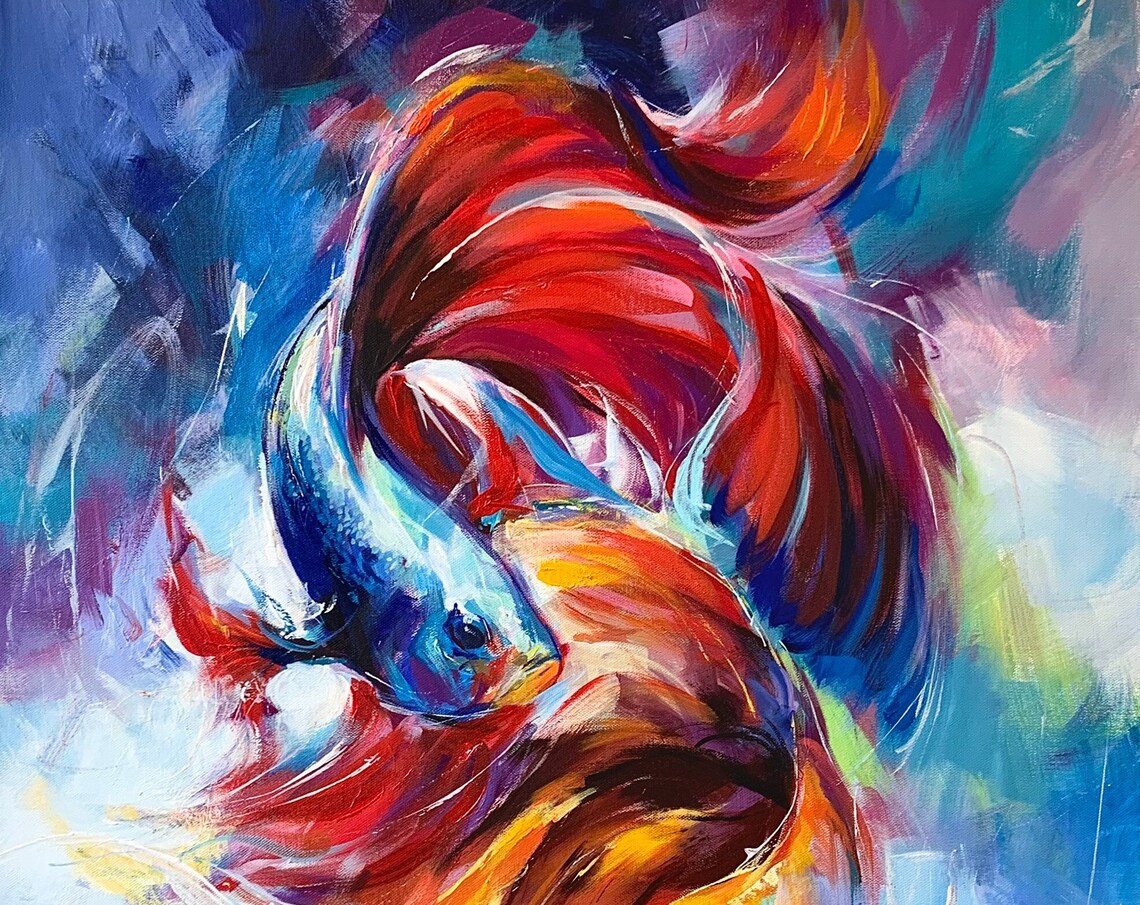 Red Blue Betta Fish Swirling Fins Abstract Aquarium Painting Poster
