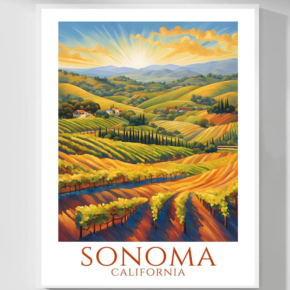 Sonoma California Golden Vineyard Hills Sunrise Travel Poster