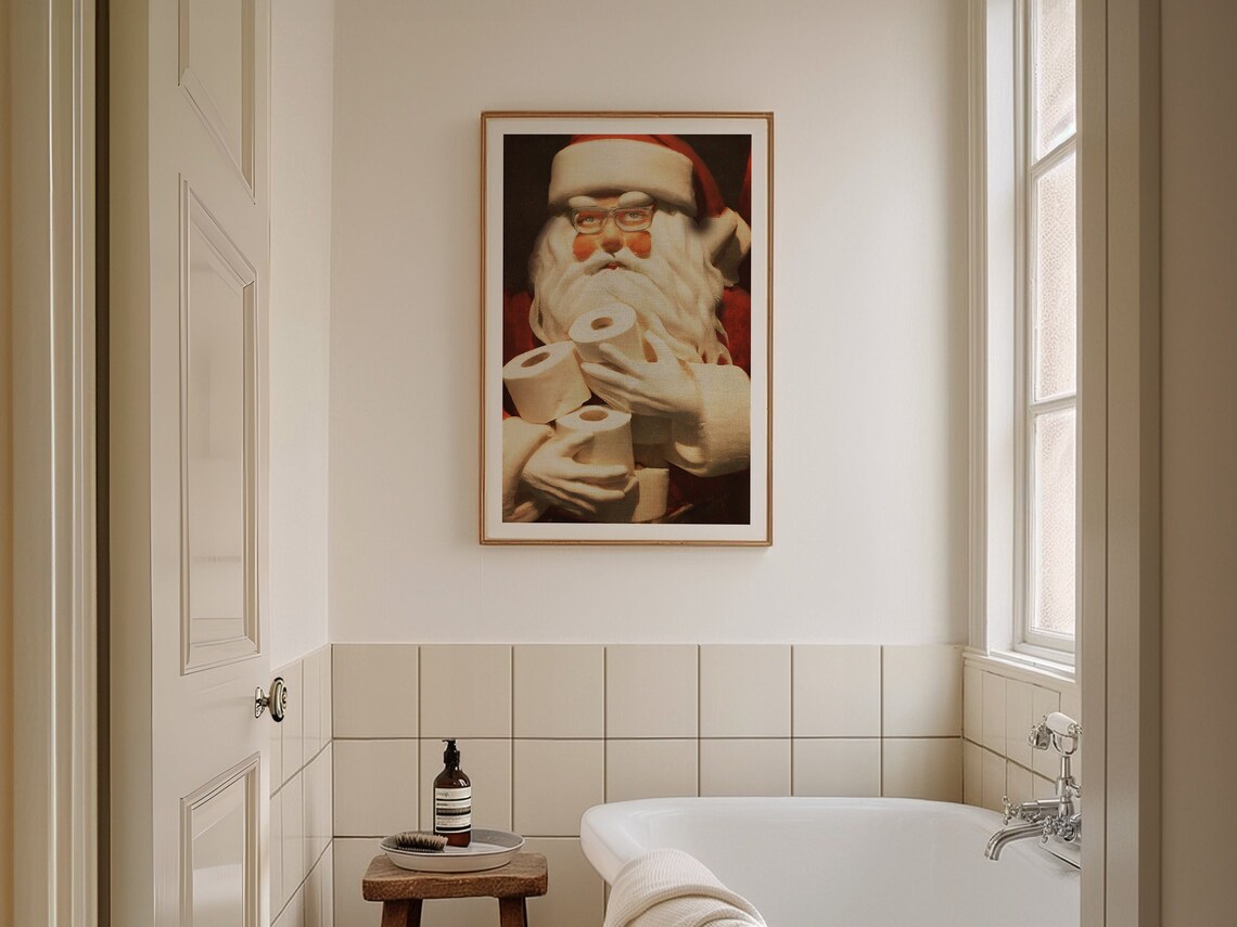 Santa Bathroom Art Funny Vintage Christmas Poster Print