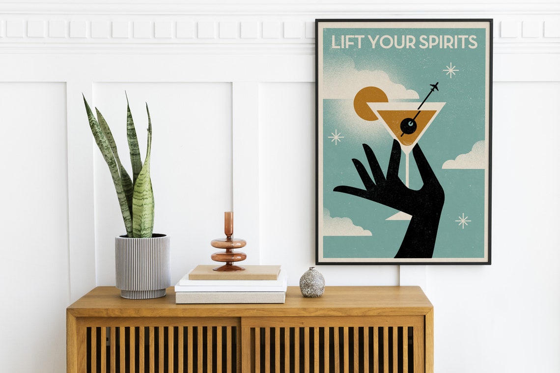Lift Your Spirits Retro Martini Cocktail Hand Style Bar Poster - Image 2