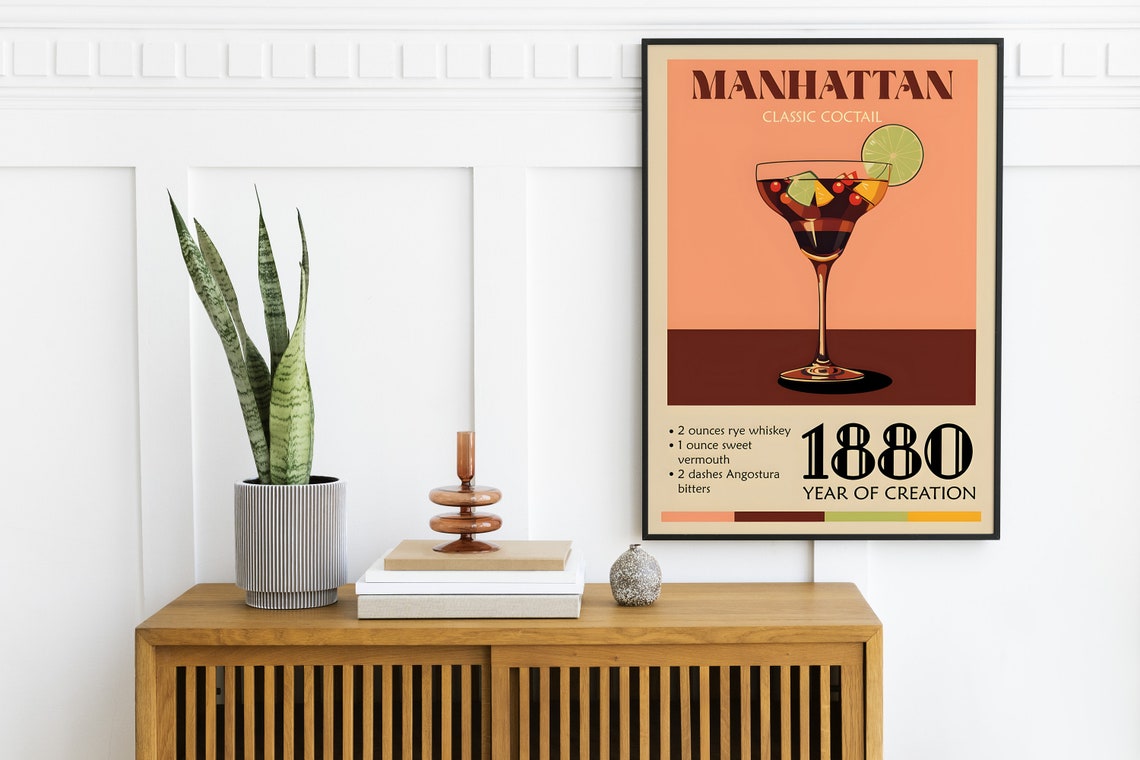 Manhattan Classic Cocktail 1880 Recipe Vintage Bar Wall Poster - Image 2