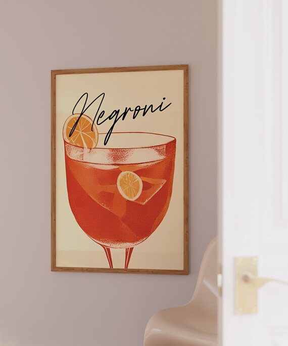 Negroni Script Typography Cocktail Glass Home Bar Cart Poster