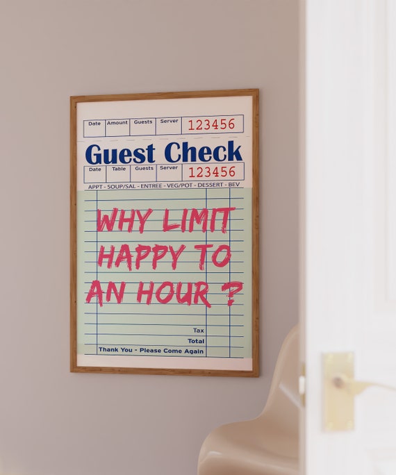 Happy Hour Guest Check Print Trendy Wall Art Bar Cart Wall Decor Artwork Drinking Quote Sign Girly Dorm Room Decor Funky Alcohol