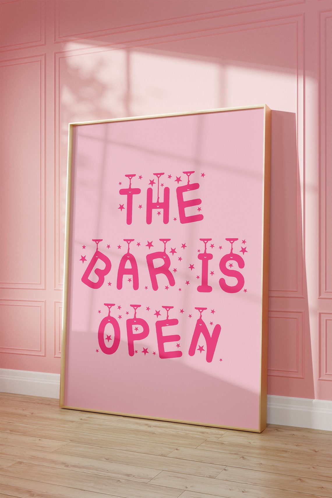 The Bar Is Open Pink Cocktail Glass Typography Bar Decor Poster - Image 2