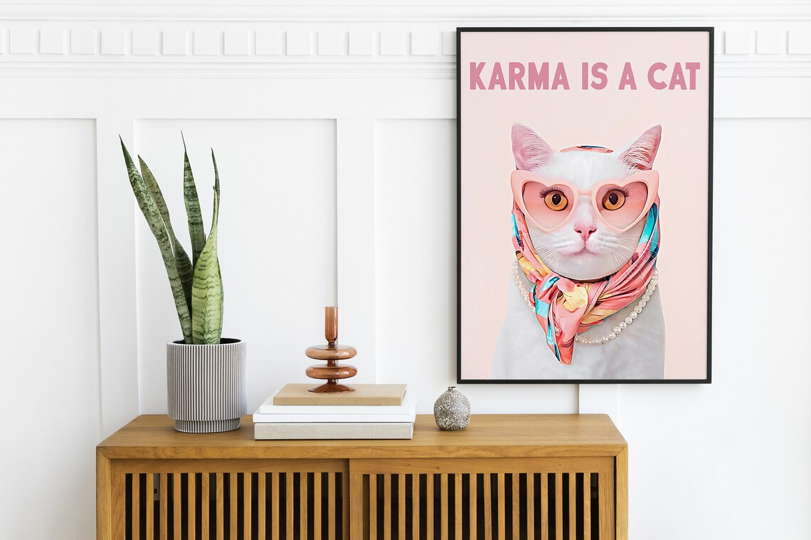 Karma Is A Cat Song Lyric White Cat Heart Sunglasses Pop Art Poster - Image 2