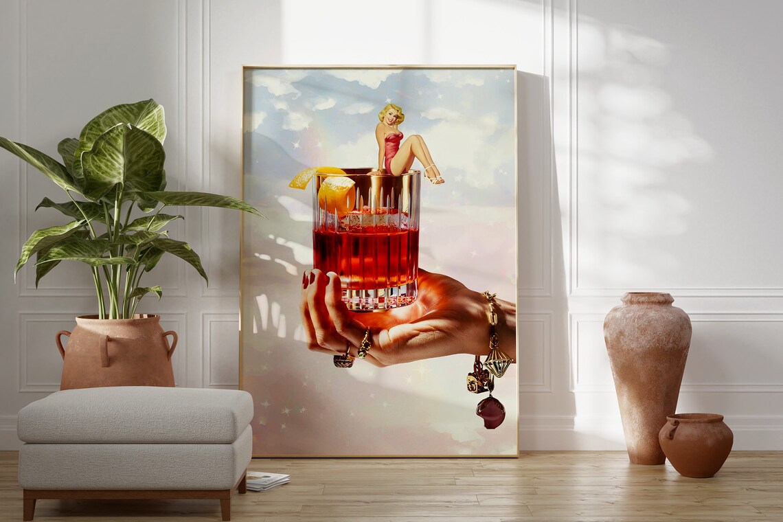 Negroni Cocktail Bejeweled Hand Retro Pin-Up Bar Cart Poster - Image 2