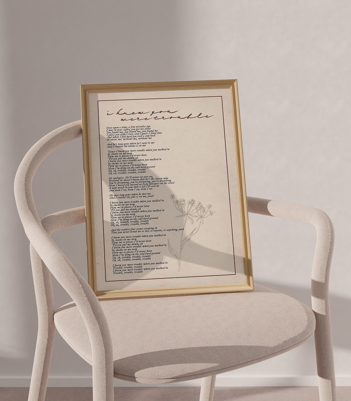 I Knew You Were Trouble Red Era Lyrics Cream Floral Script Poster - Image 2