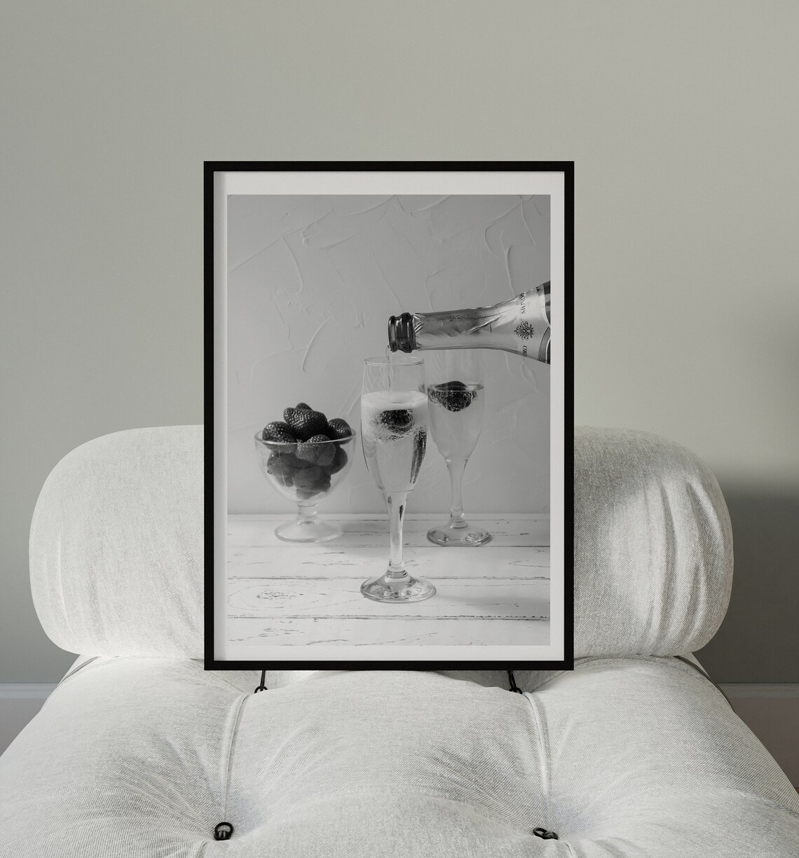 Champagne Pouring into Flutes Black White Photo Bar Cart Poster