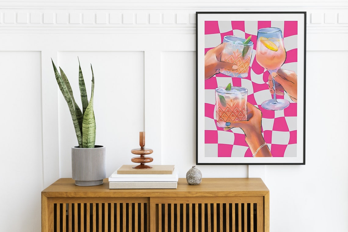 Pink Cocktail Cheers Toast Wavy Checkerboard Bar Cart Poster - Image 2