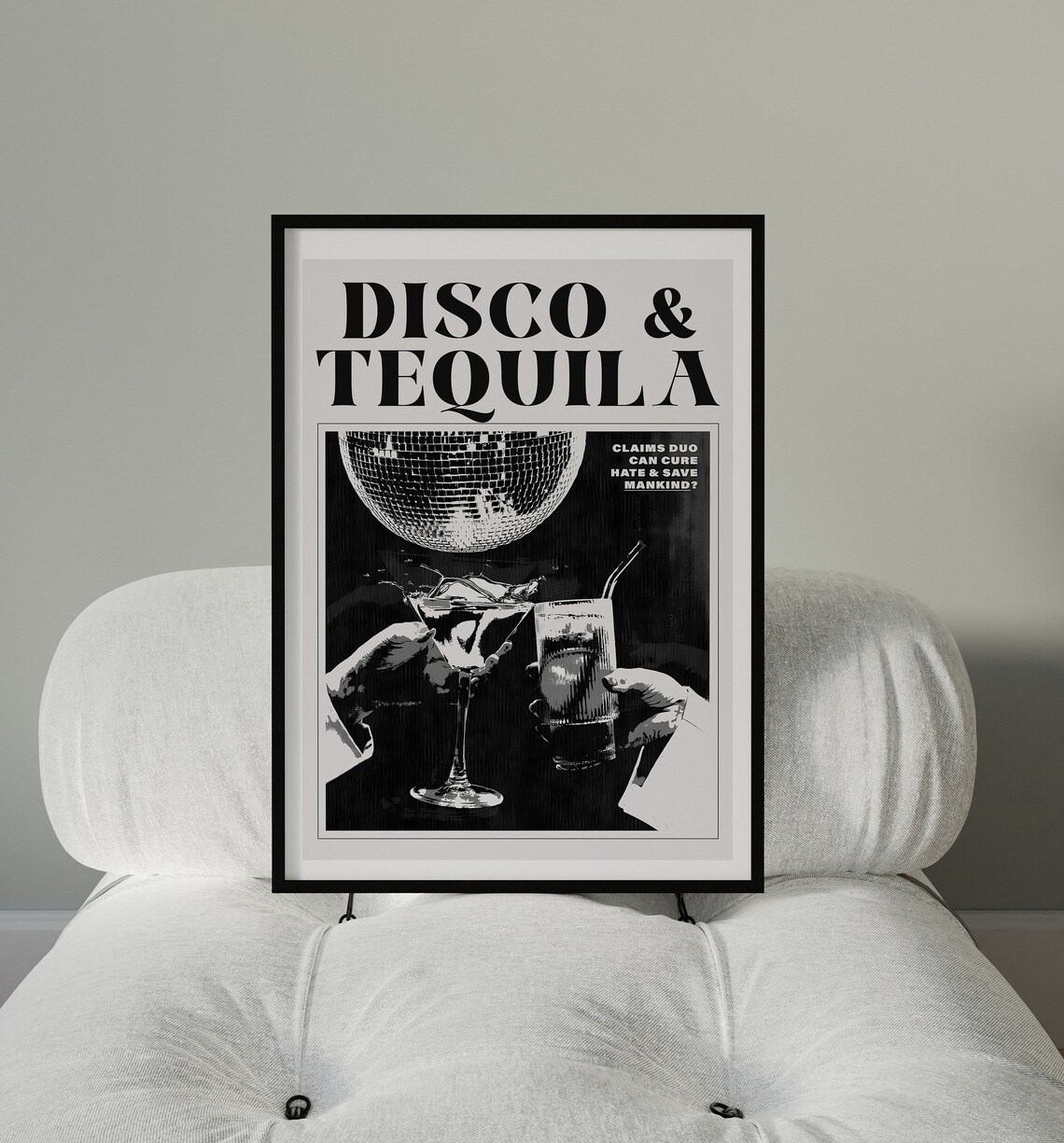 Disco and Tequila Fun Bold Newspaper Style Bar Cart Party Print