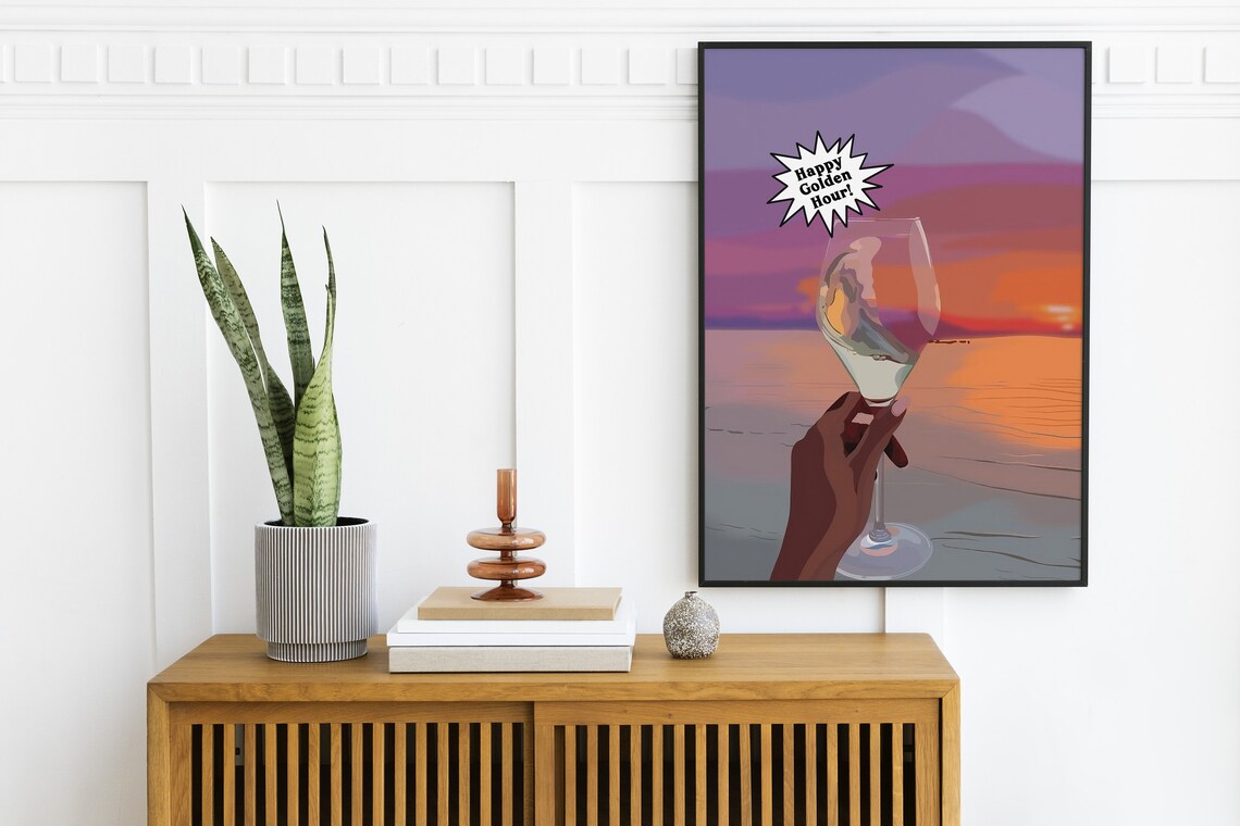 Happy Golden Hour Wine Glass Sunset Ocean Bar Cart Party Poster - Image 2
