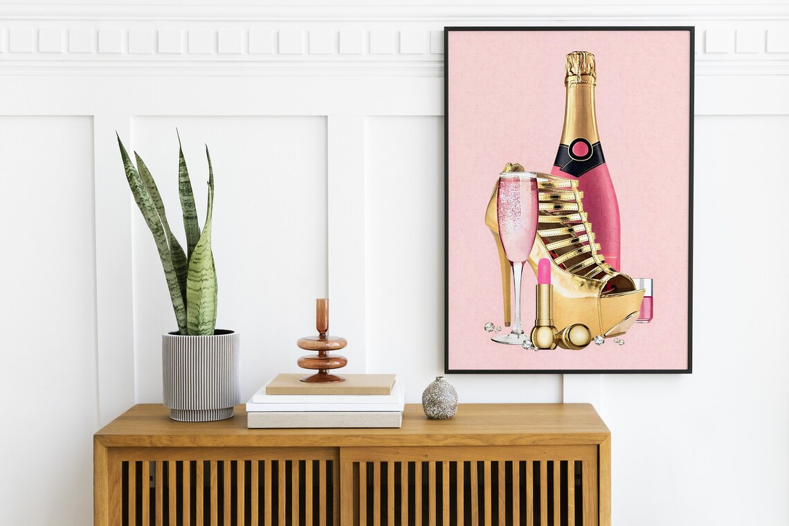 Pink Champagne Bottle Gold High Heel Glam Fashion Girl Poster - Image 2