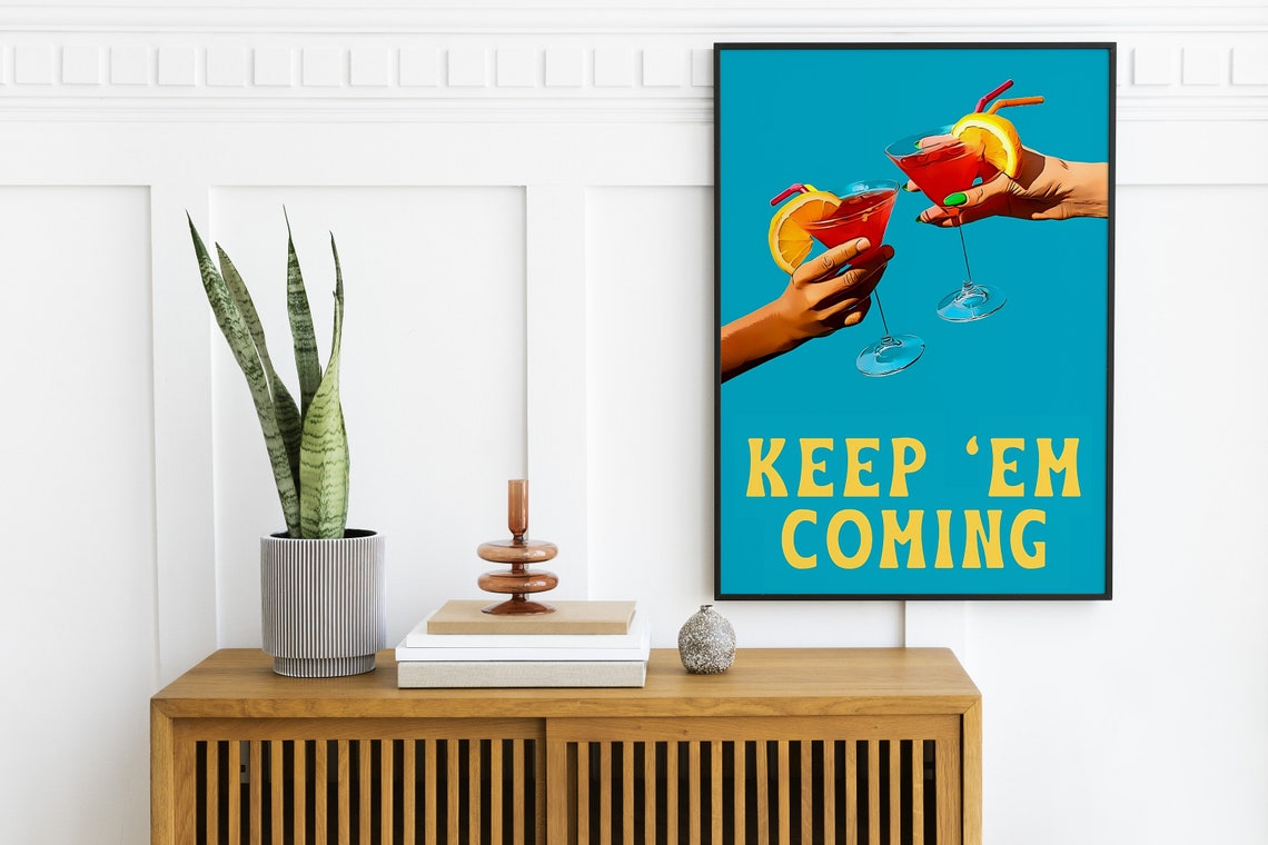 Keep Em Coming Cocktail Toast Bright Blue Retro Bar Cart Poster - Image 2