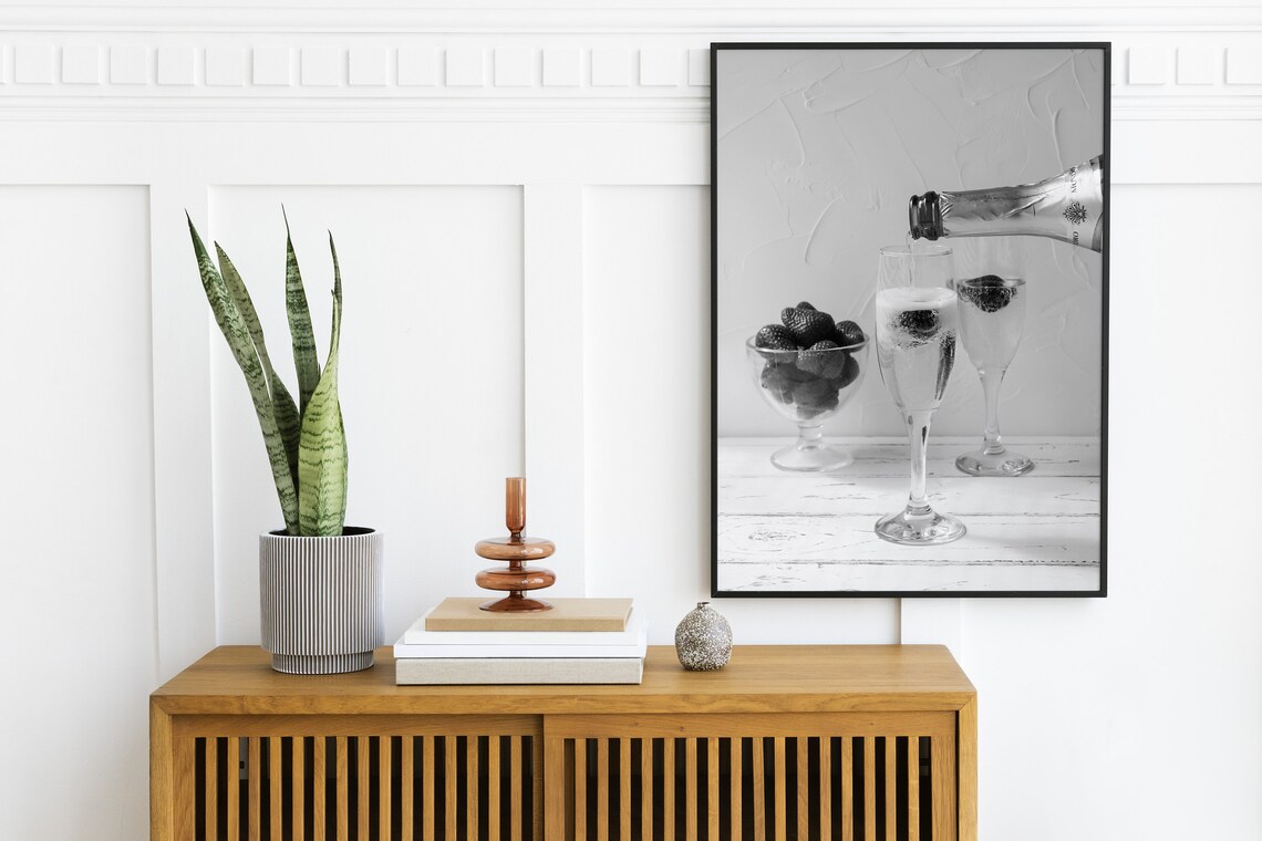 Champagne Pouring into Flutes Black White Photo Bar Cart Poster - Image 2