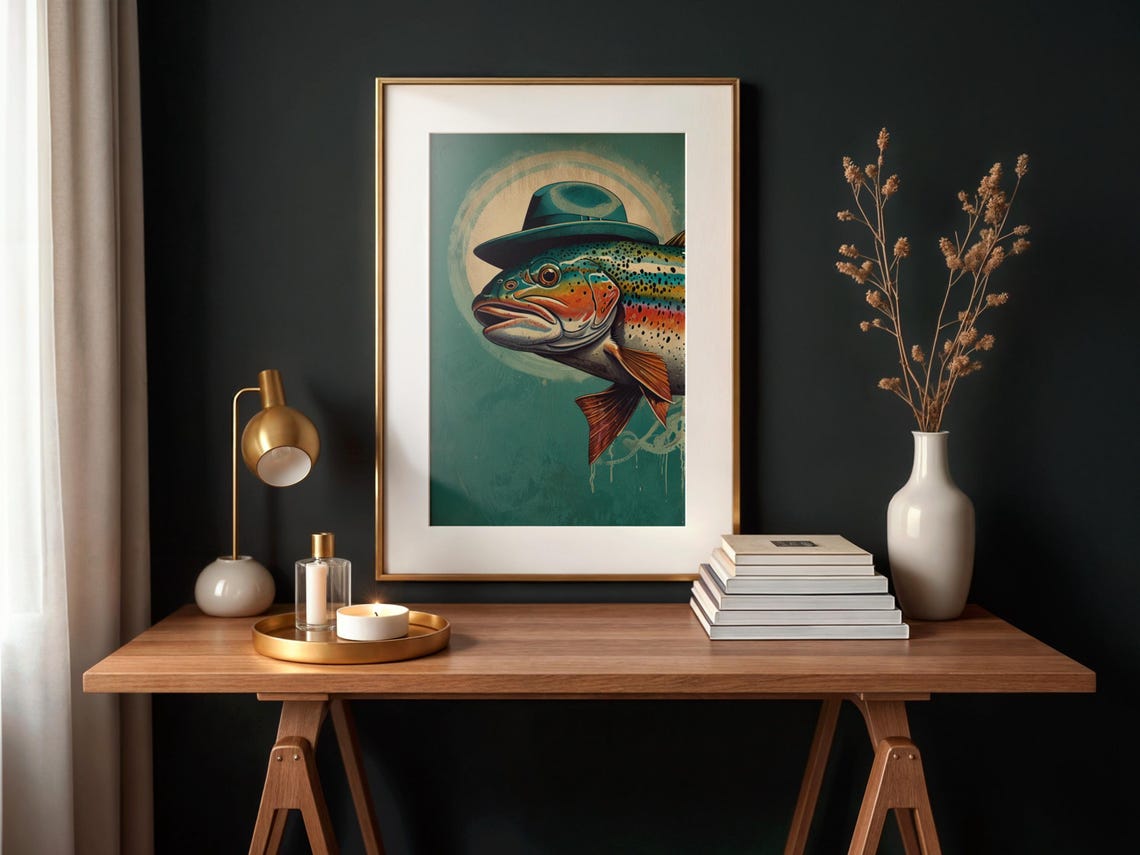 Rainbow Trout Wearing Green Fedora Vintage Retro Fish Wall Art