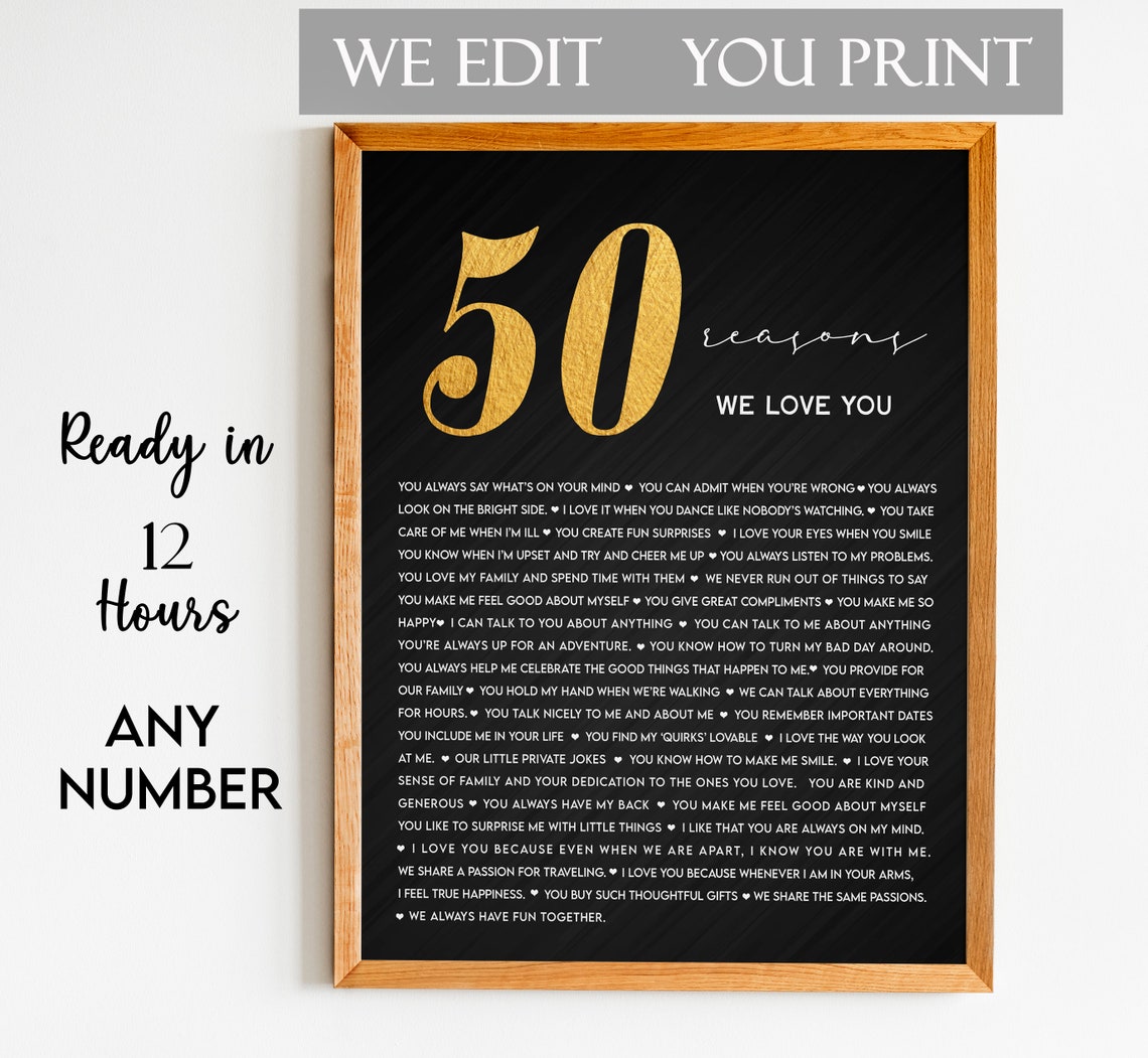 50 Reasons We Love You Black Gold Typographic Keepsake Poster