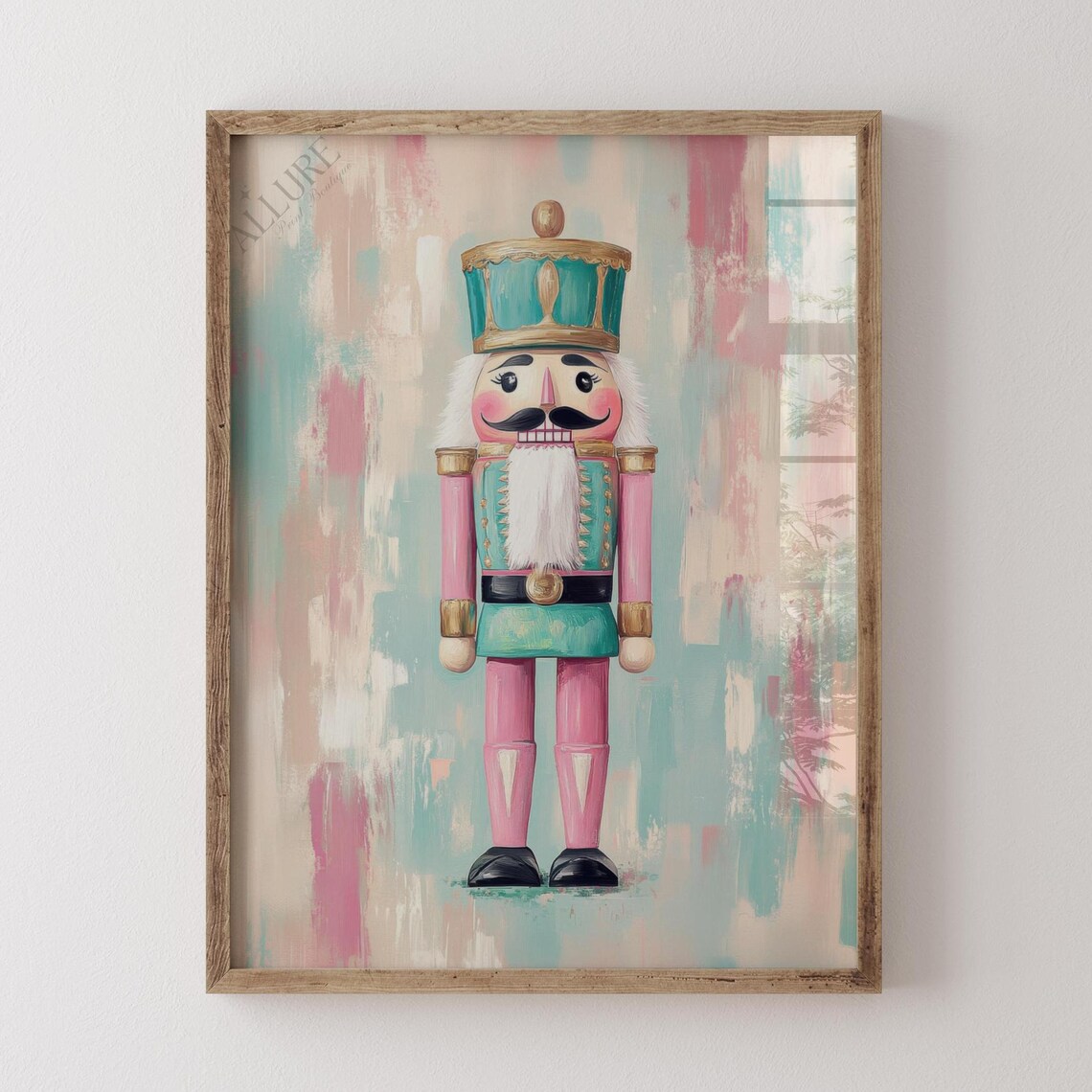 Pastel Pink and Teal Nutcracker Soldier Christmas Painting Poster