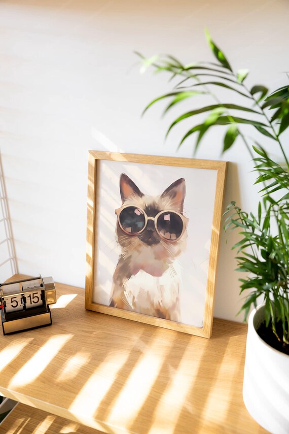 Chic Cream Pointed Cat Wearing Oversized Round Sunglasses Poster