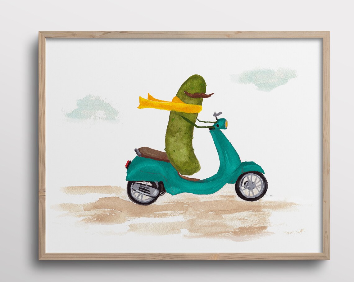 Whimsical Pickle on a Vespa Scooter Art Print