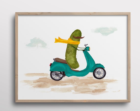 Whimsical Pickle on a Vespa Scooter Art Print