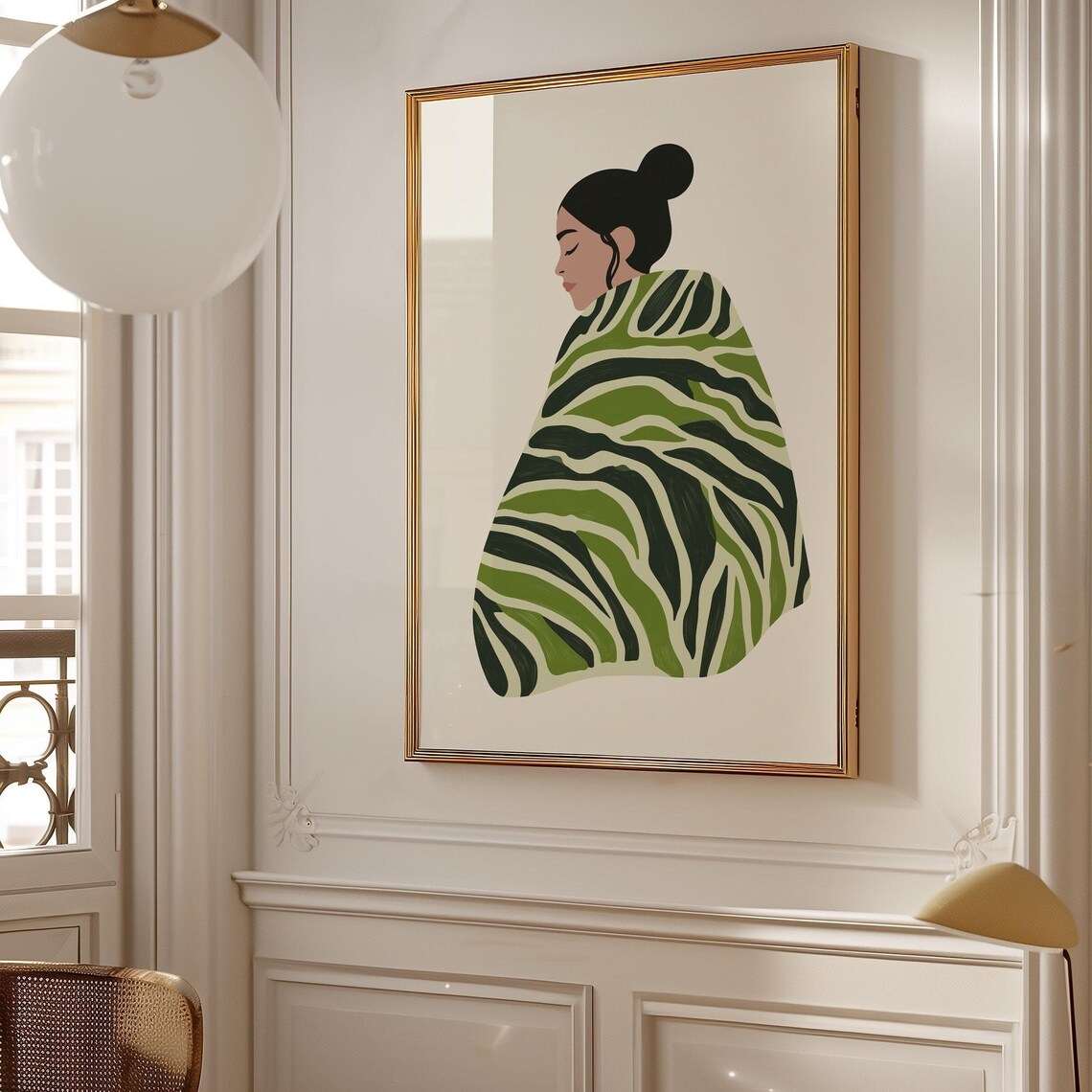 Modern Boho Portrait - Abstract Woman in Green Zebra Pattern
