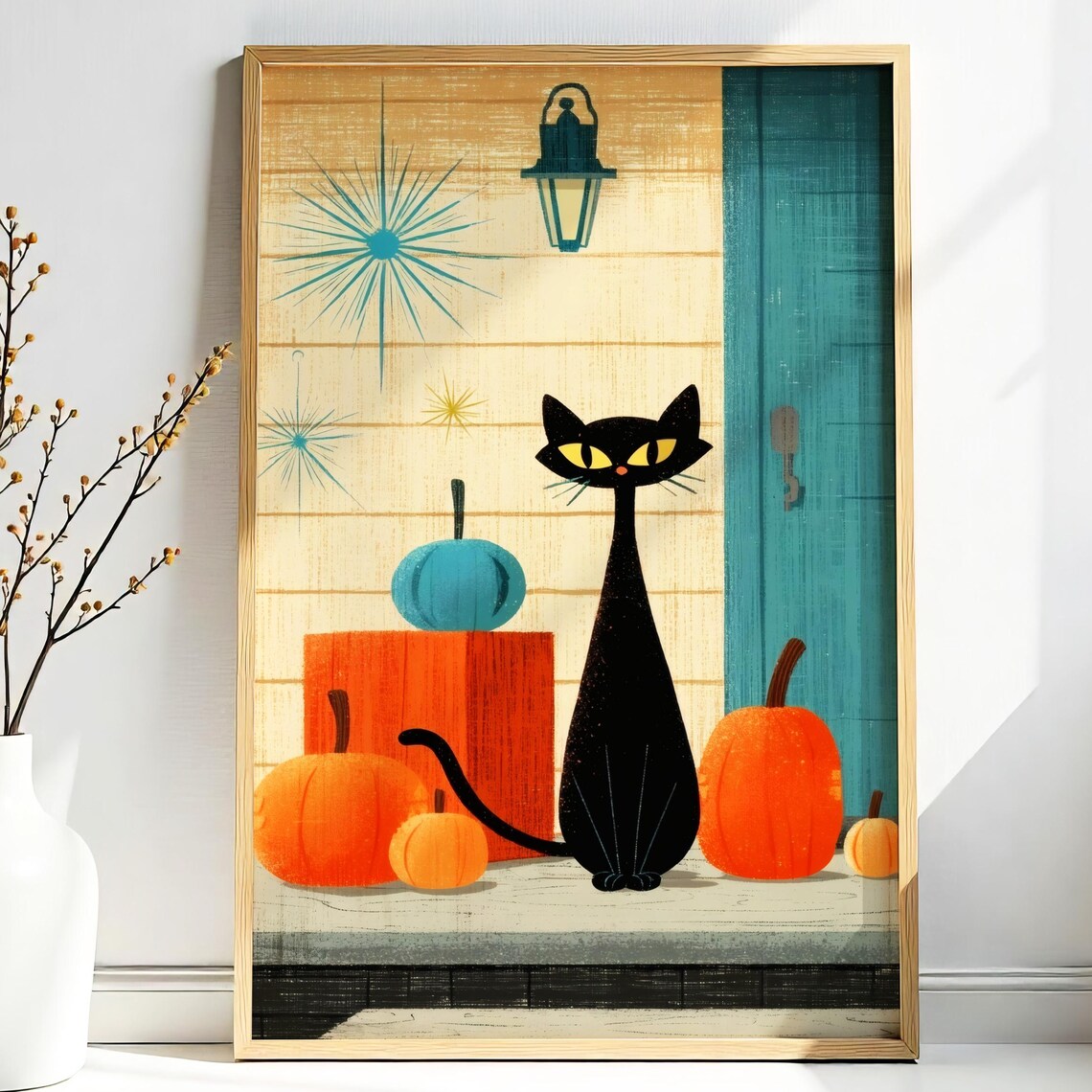 Retro Halloween Black Cat Porch Pumpkins Midcentury Style Poster