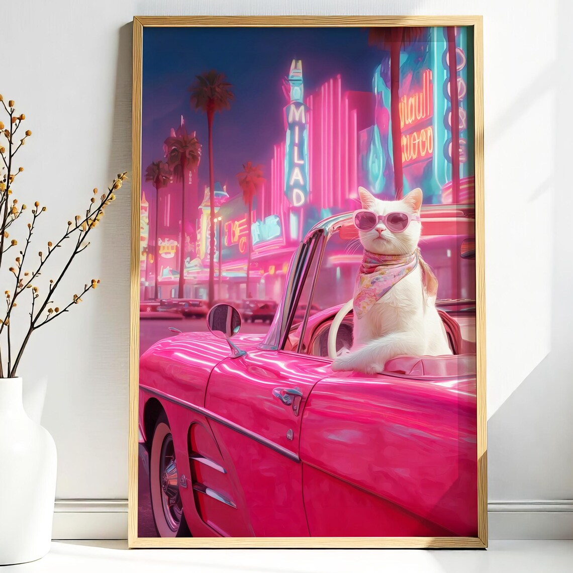 Glam White Cat Pink Convertible Neon City Night Pop Art Poster