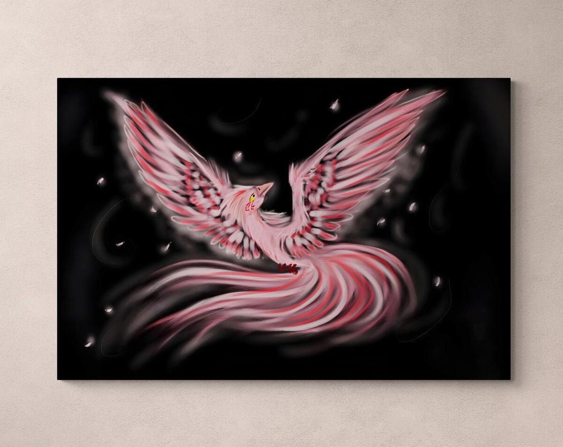 Pink Phoenix Simurgh Mythical Bird Illustration On Teal Wall Art - Image 3