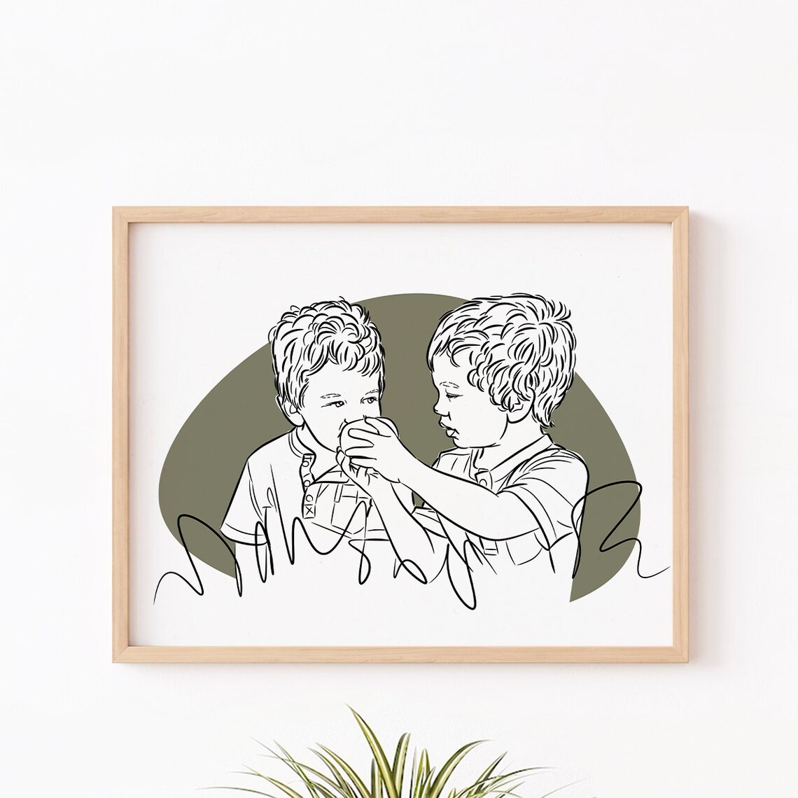 Two Little Brothers Line Art Sweet Moment Custom Portrait Poster
