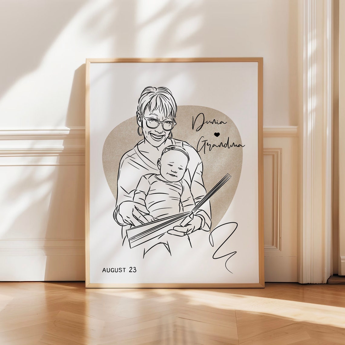 Custom Grandma and Baby Line Art Portrait With Names Keepsake Print