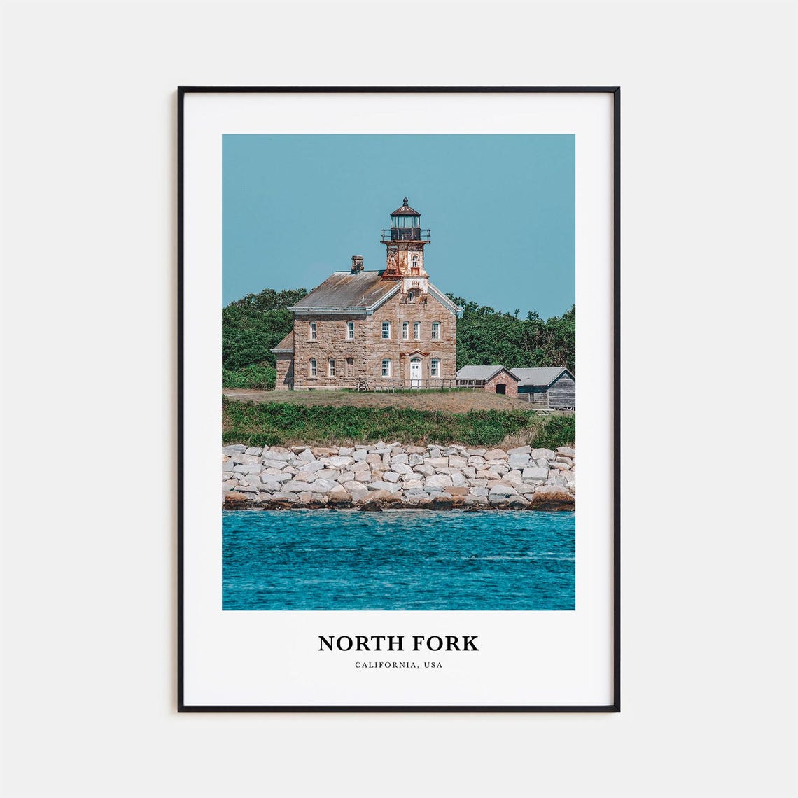 North Fork Historic Stone Lighthouse Rocky Shore Photo Travel Poster