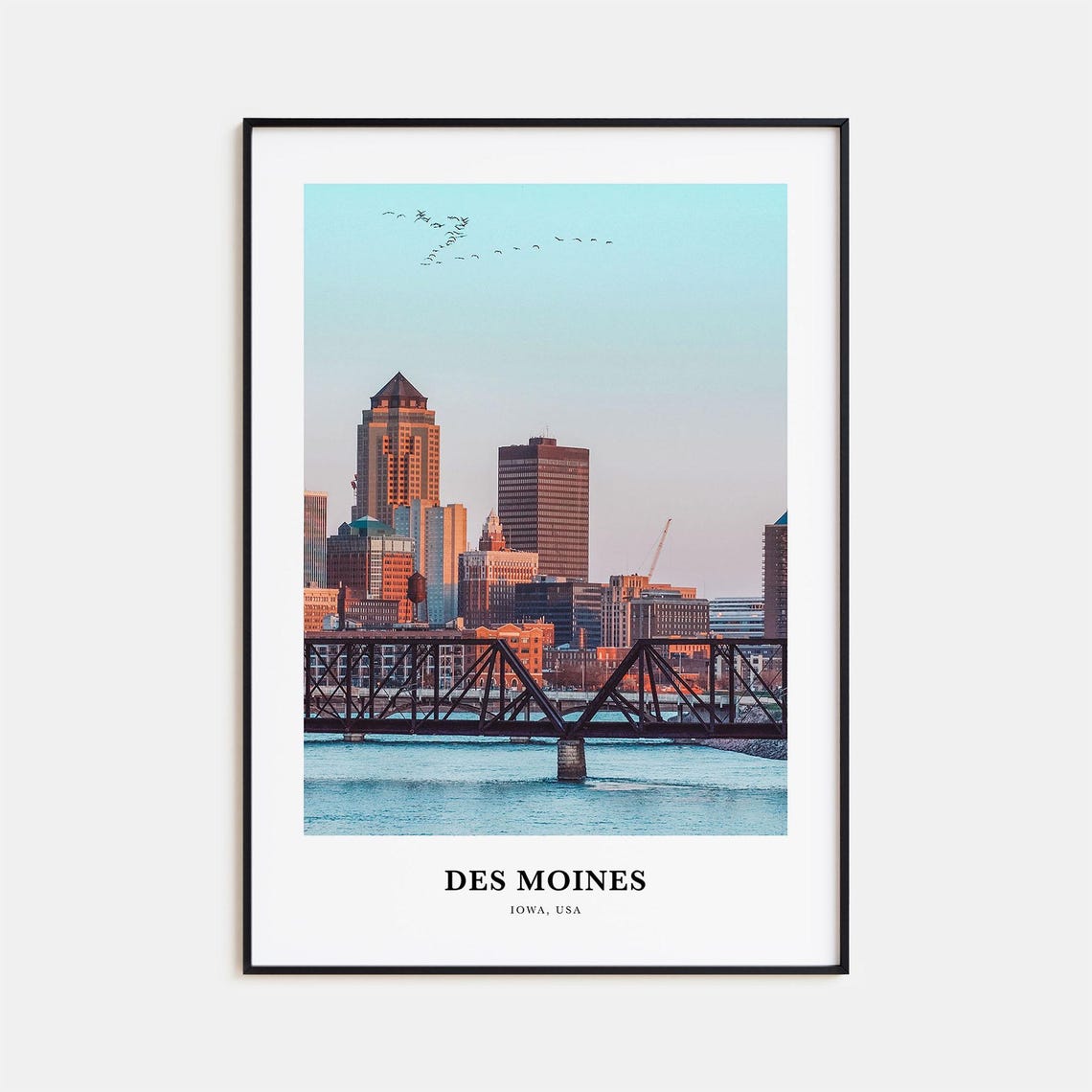 Des Moines Iowa Downtown Skyline Sunset River Bridge Photo Poster