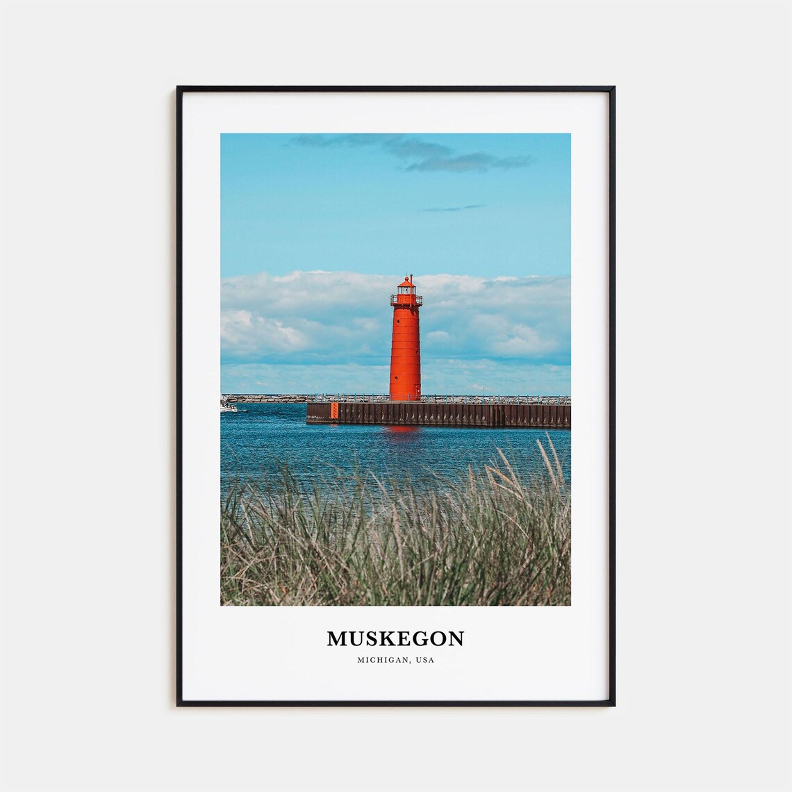 Muskegon Red Lighthouse Pier Michigan Lake Photo Travel Poster