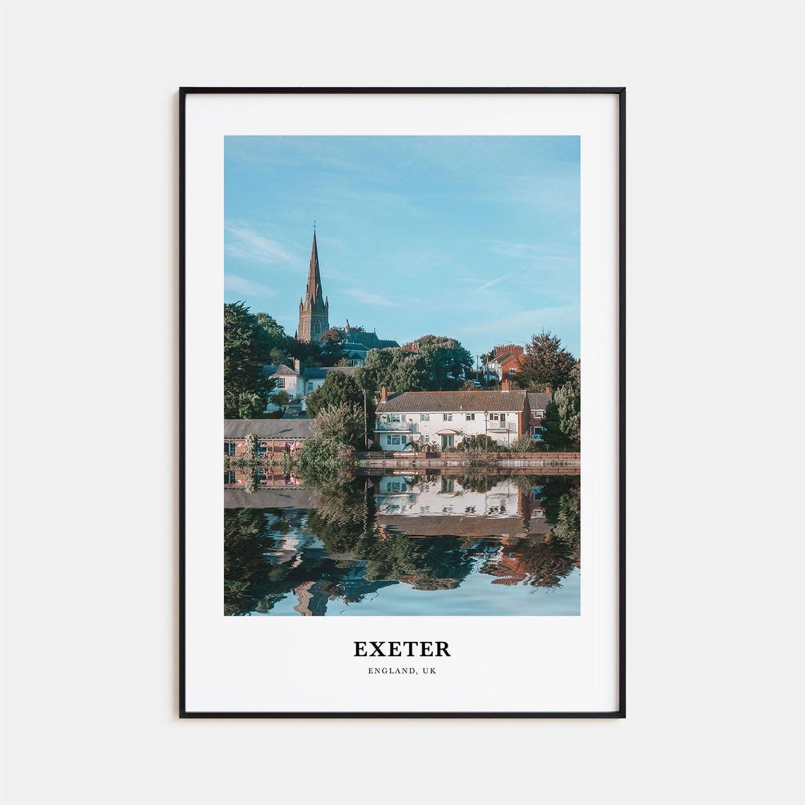 Exeter England Church Spire River Reflection Uk Travel Poster