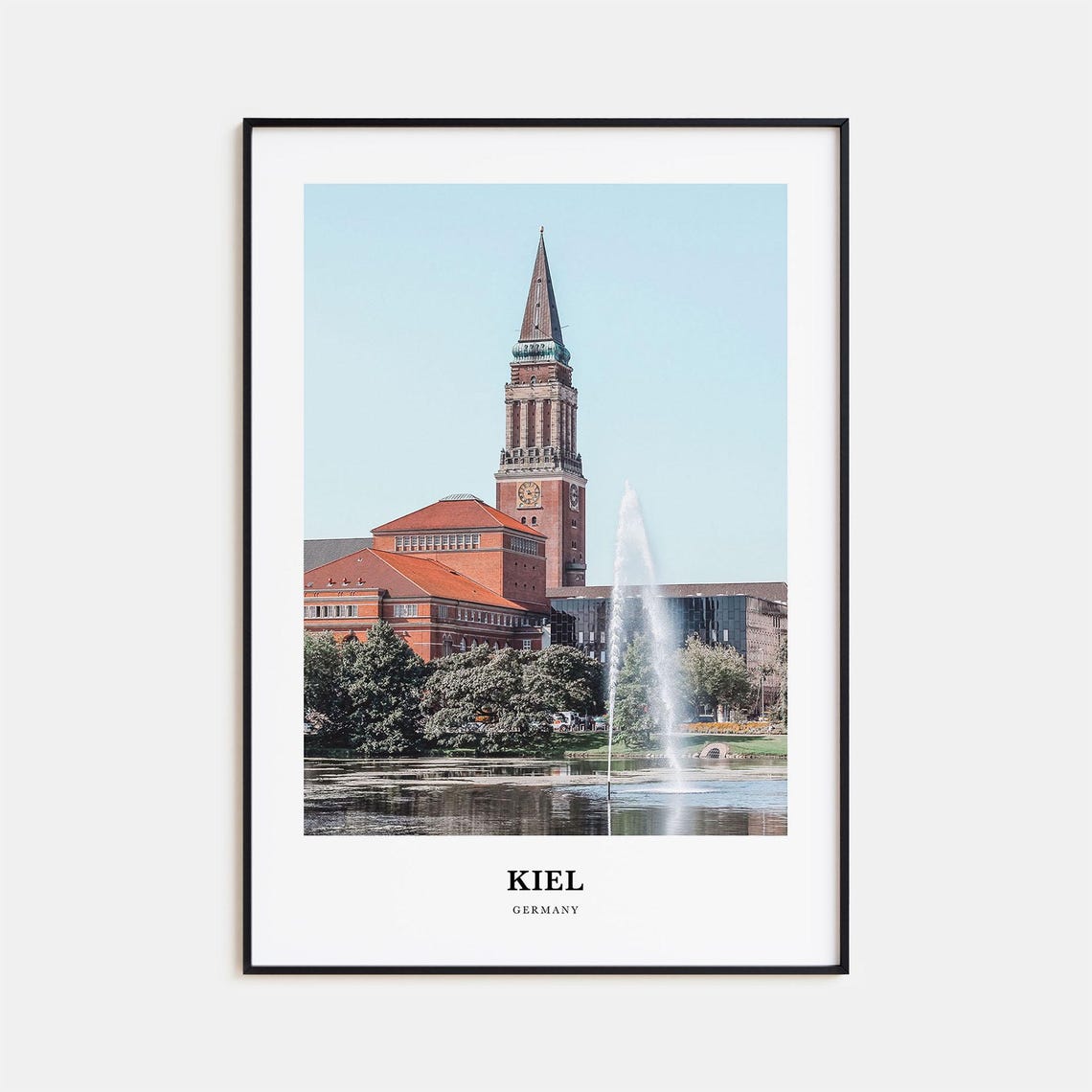 Kiel Germany Brick City Hall Tower Fountain Lakeside Travel Poster