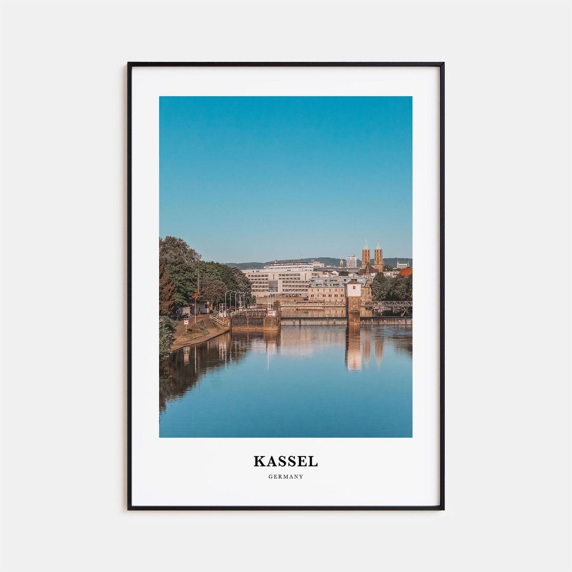 Kassel Germany River Reflection Old Town Church Spires Travel Poster