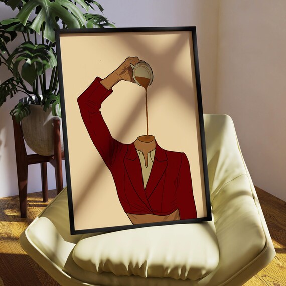 Surreal Woman Pouring Coffee Into Her Own Neck Minimalist Poster