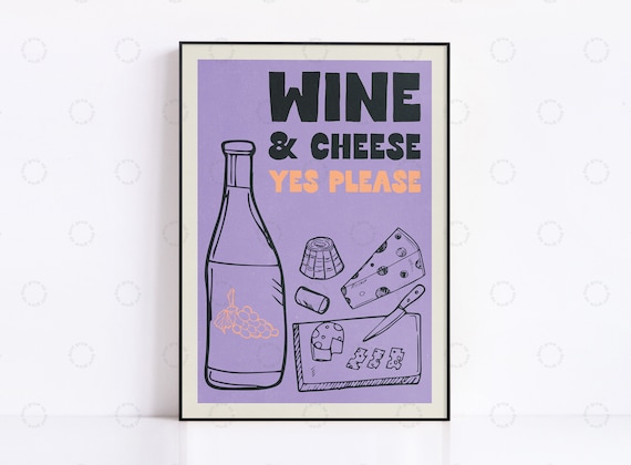 Wine And Cheese Yes Please Illustrated Purple Kitchen Wall Poster