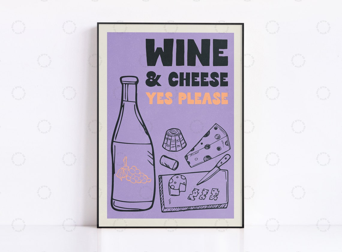 Wine And Cheese Yes Please Illustrated Purple Kitchen Wall Poster